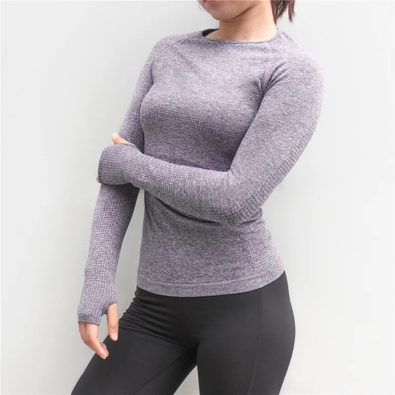 Бесшовная Спортивная рубашка с длинным рукавом с отверстием для большого пальца женская спортивная одежда для спортзала топы спортивные Спортивная одежда Женская рубашка для йоги - Цвет: Purple
