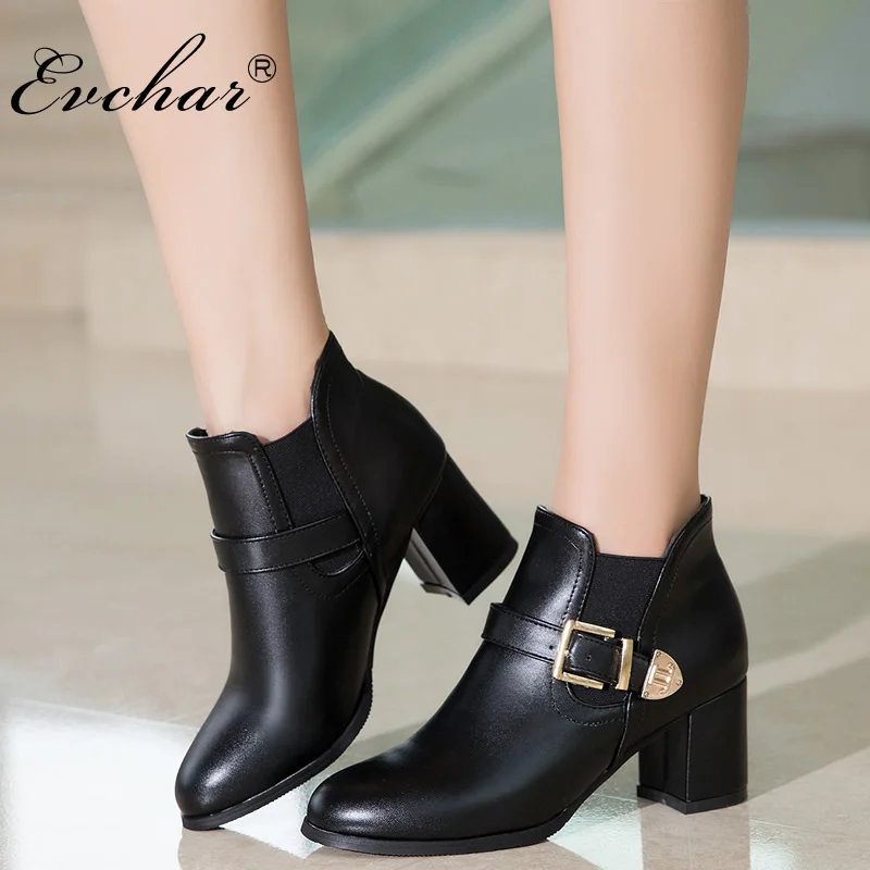 

EVCHAR New Shoes Women Boots High Heels Ankle short plush Boots Pointed Toe Buckle riding Boots slip-on Shoes big size 33-50
