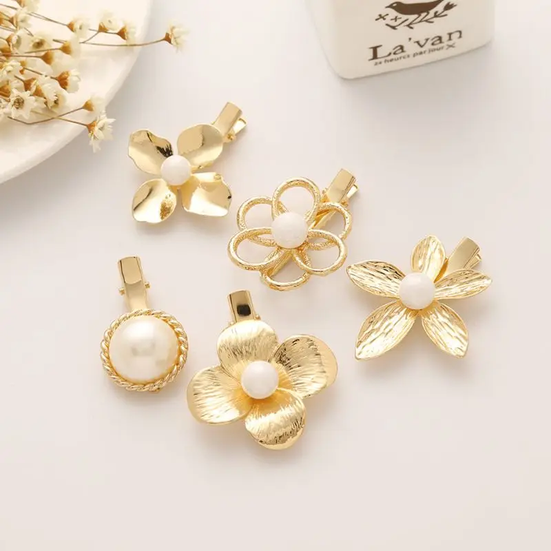 

Vintage Polished Metallic Gold Hair Clips Girls Flower Shape Minimalist Duckbill Hairpins Imitation Pearl Anti Allergy Barrettes