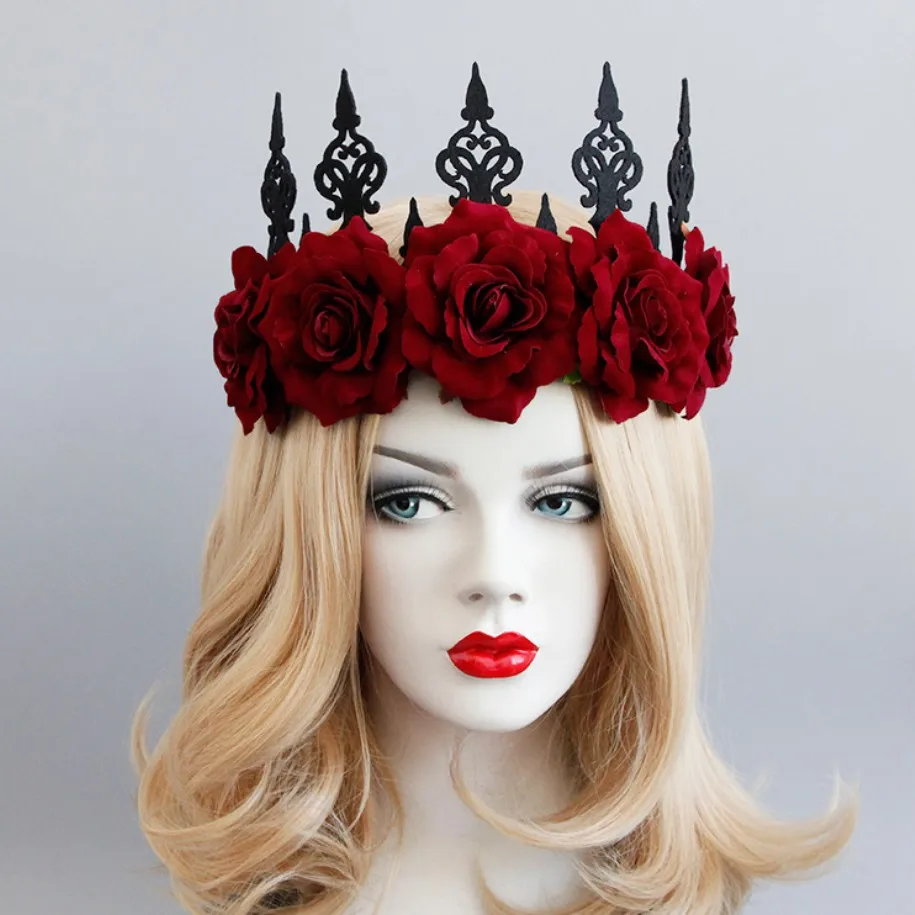 

Vintage Gothic Roses Crown Ribbon Tie Holloween Headbands Cosplay Accessory