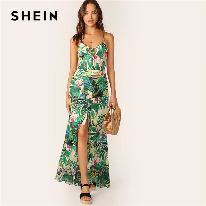 

SHEIN Boho Multicolor Lace Up Backless Knot Front Split Tropical Summer Cami Dress Women Straps Fit and Flare Maxi Dresses