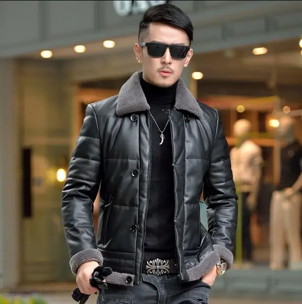 Cheap Black 2016 winter jackets mens motorcycle slim stand collar men's leather short down coat fashion warm high quality M - 4XL