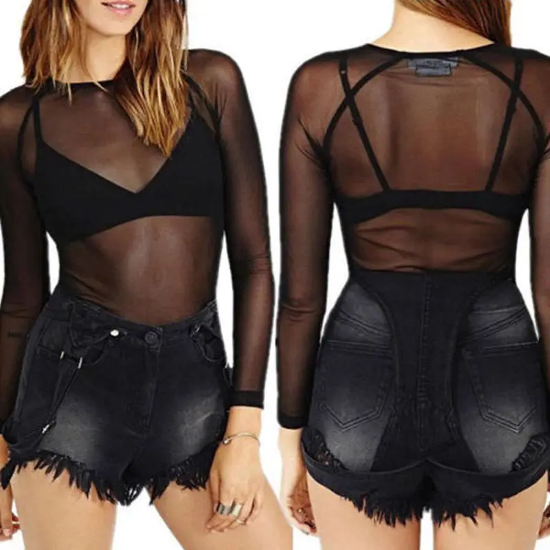 

2016 NEW Arrivals Womens Black Mesh Sheer See-through Long Sleeve O-neck Top T-Shirt