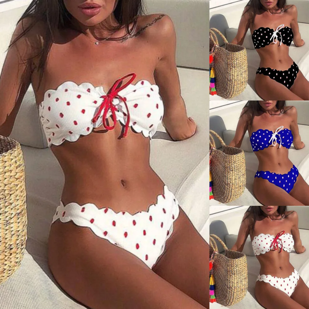 

swimwear women 2019 high plus size high waisted one piece fashion Sexy Women Wave Point Push-Up Padded Bra Beach Bikini Set Swim