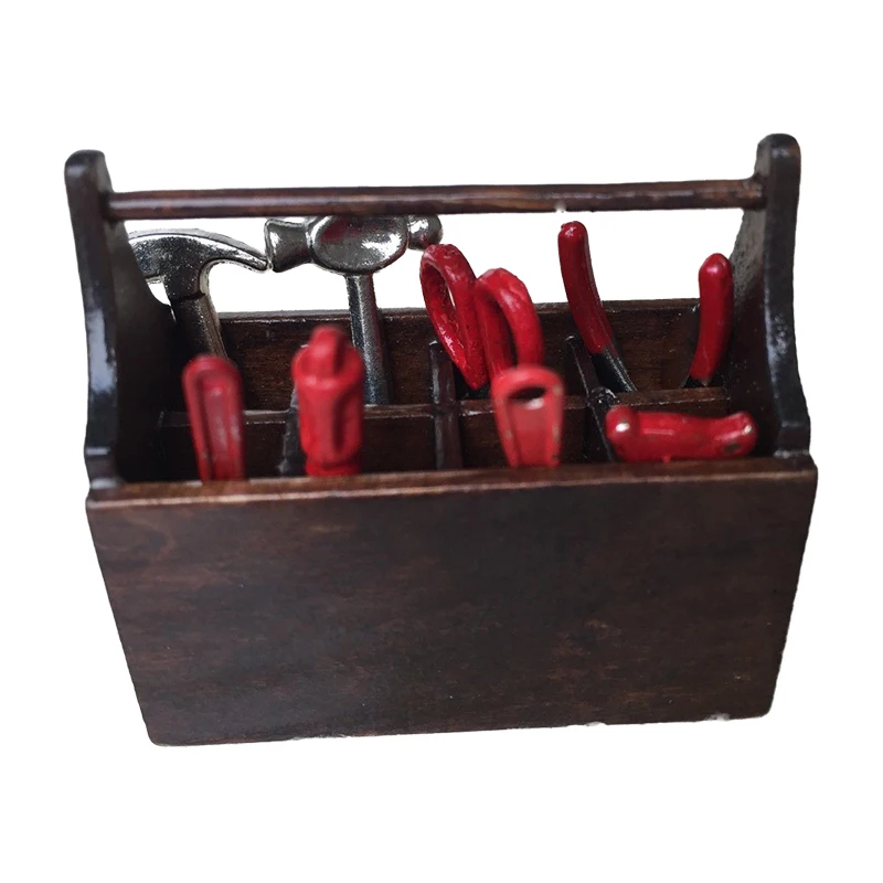 112 Dollhouse Miniature Tool Kit Wood Box Metal Hammer Plier Scissor