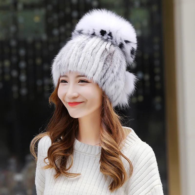 Women's knitted Mink Fur Hat female styles fur Hat with fox fur Women Winter warm hat girls Bomber Hats