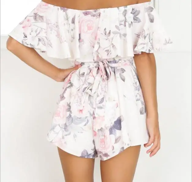 Summer off shoulder Jumpsuit Women Fashion Sexy Overalls Rompers Female Boho Style Floral Print Jumpsuits Plus Size