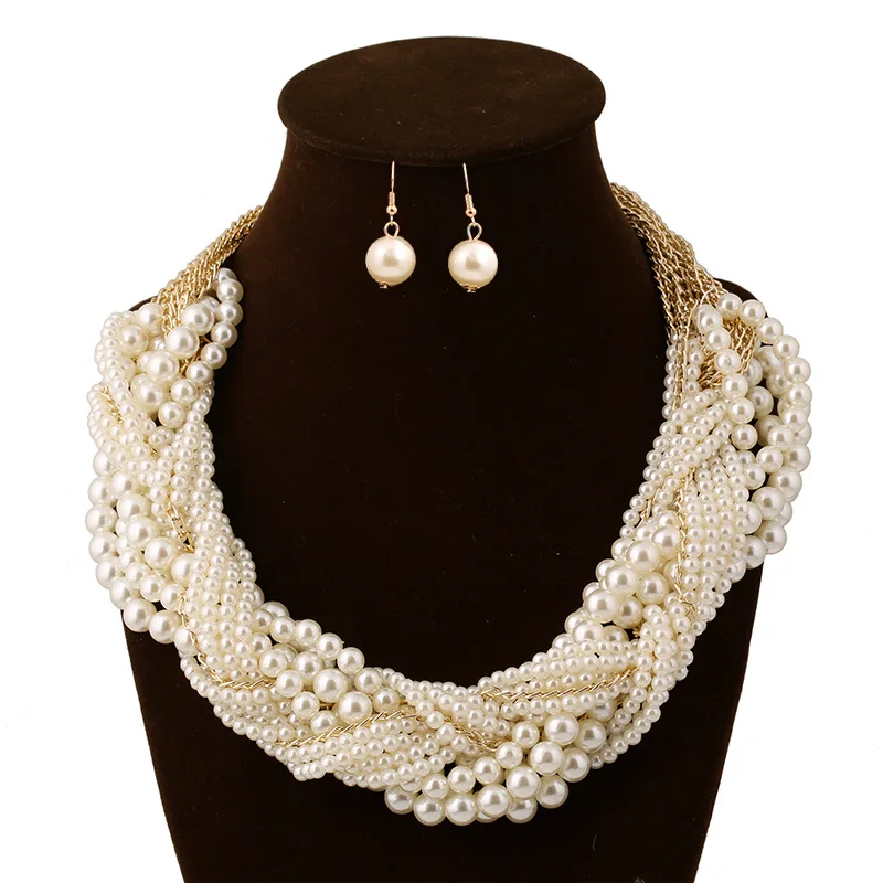 Trendy Gold Color Imitation Pearls Necklace Earrings Women Bride Trendy Gold Color Imitation Pearls Necklace Earrings Women Bride Wedding Jewelry Sets Clic Party Dress Accessories