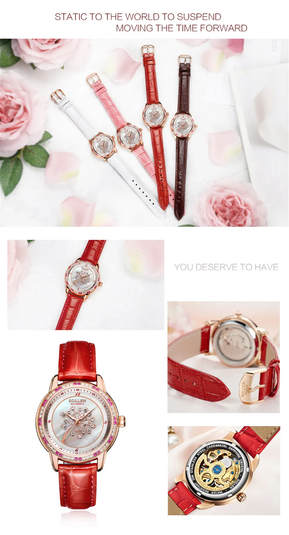 Часы женские роскошные модные часы sollen Женские известные белые кожаные автоматические часы женские механические часы Relogio Feminino