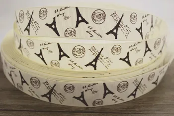 

50yards/lot 1"(25-26mm) Eiffel Tower Ivory Printed Grosgrain Ribbons Gift Packing DIY Material Bag Accessories