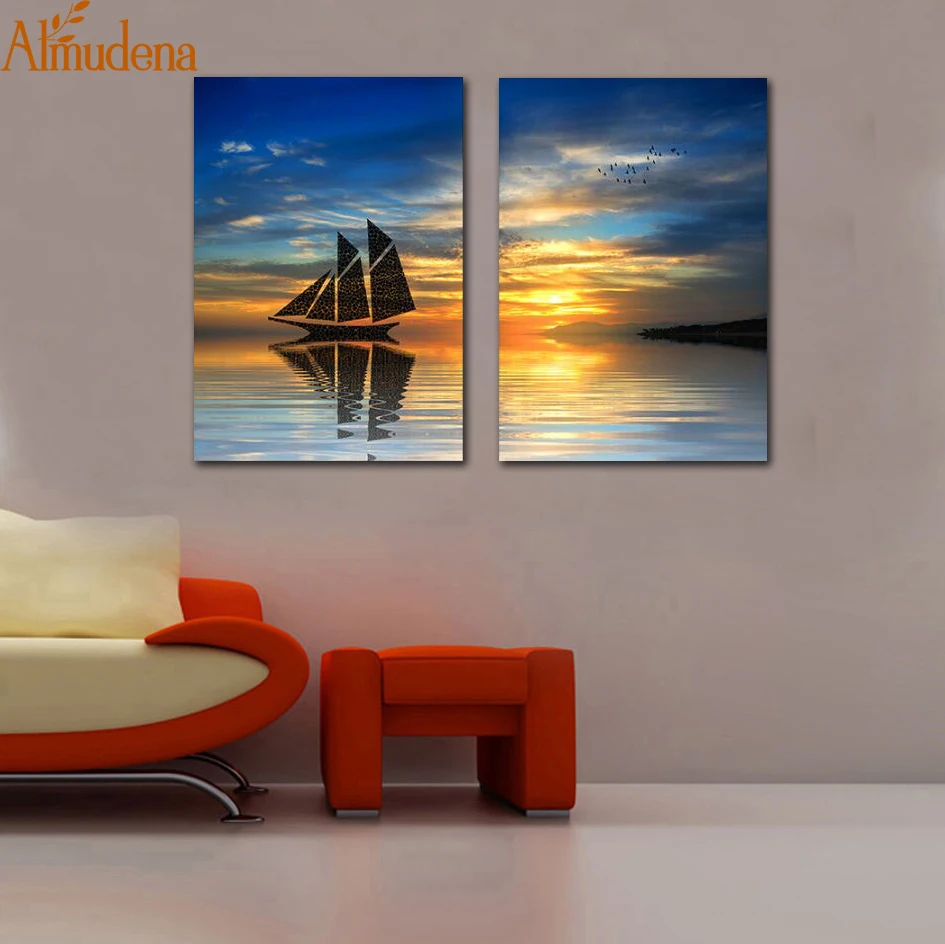 

ALMUDENA Nordic Sea Sunrise Boat Seascape Canvas Painting Bedroom Living Room Wall Art Prints Unframed 2 Panel Modular Picture