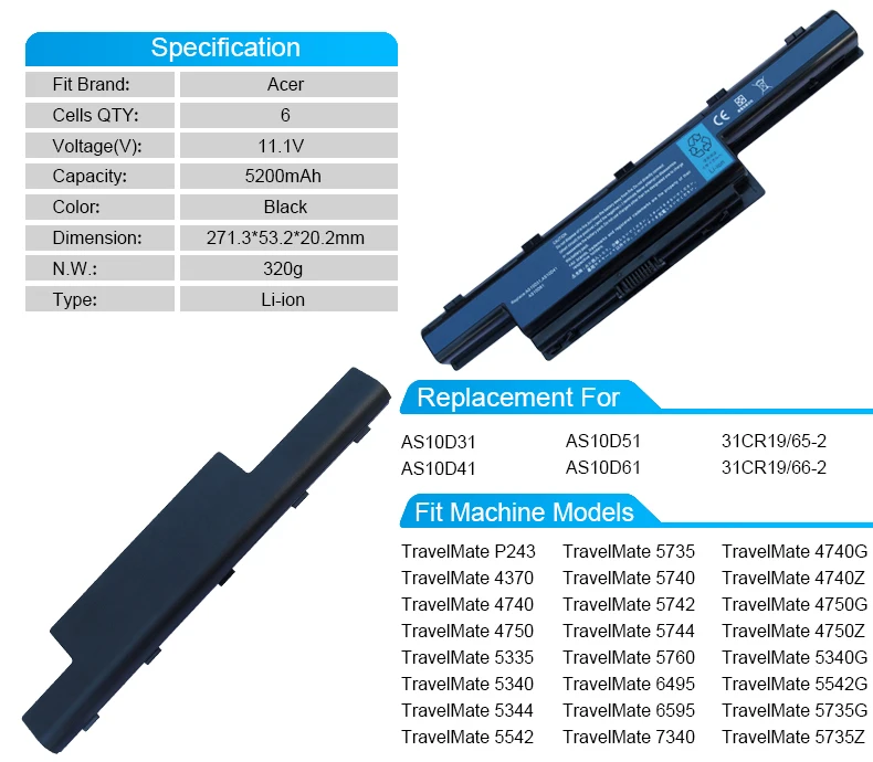 Аккумулятор для ноутбука acer travelmate 5542 5735 5740 5742 5744 5760 6495 5735Z 5542 г 5340 г as10d51 as10d61