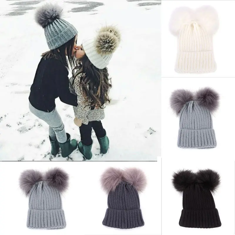 Зимние теплые детские шапки для новорожденных, милые вязаные шапки-бини с помпонами для маленьких мальчиков и девочек, вязаные шапочки