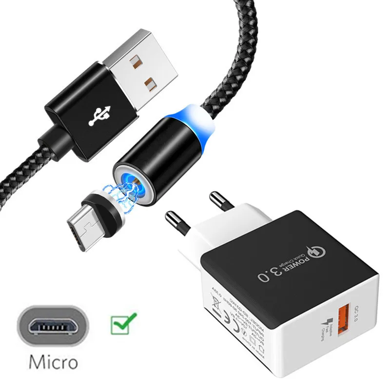 Магнитное зарядное устройство Micro USB кабель для samsung Xiaomi 6A Redmi 7 6 Asus Max Pro ZB631KL ZB633KL Android phone QC 3,0 быстрый адаптер - Тип штекера: EU charger and cable