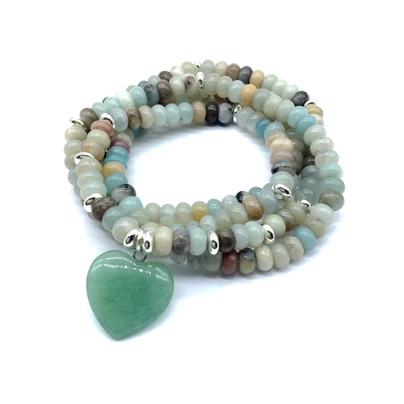 

Natural Stone Bead Bracelets Elastic Bangle 74 cm Mala Yoga Jewerly With Heart Charm Labradoirte Amazonite 4x6 mm Drop Shipping