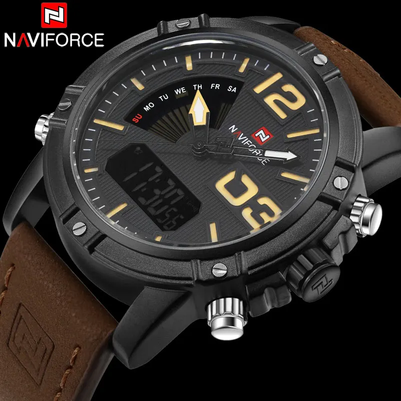 Мужские спортивные часы NAVIFORCE брендовые кожаный кварцевые светодиодный цифровые