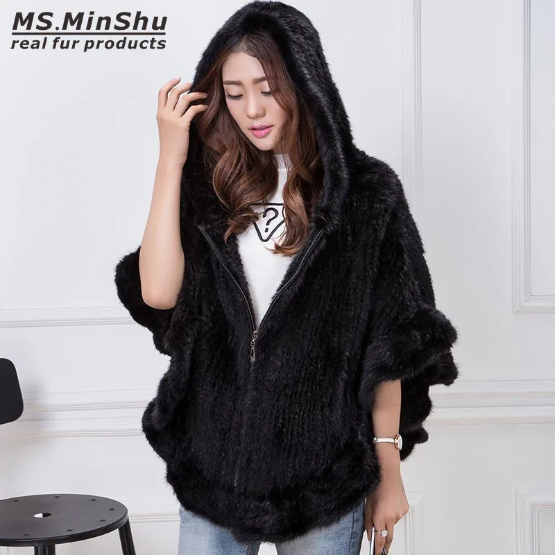 

MS.MinShu Hand Knitted Mink Fur Poncho Women Real Fur Cape Hooded Coat Zipper Fashion Lady's Outwear Genuine Mink Fur Shawl