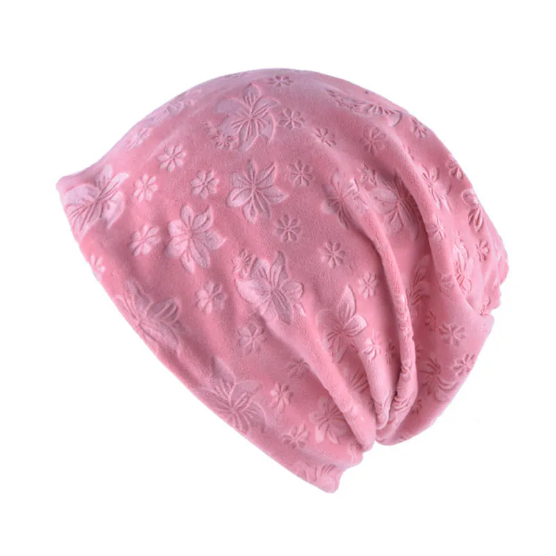 pink Для женщин осень-зима Шапки бархатные шапочки женский Skullies Повседневное Лыжные шапки цветок воротник шарф Для женщин Теплая Шапочка Капот - Цвет: pink
