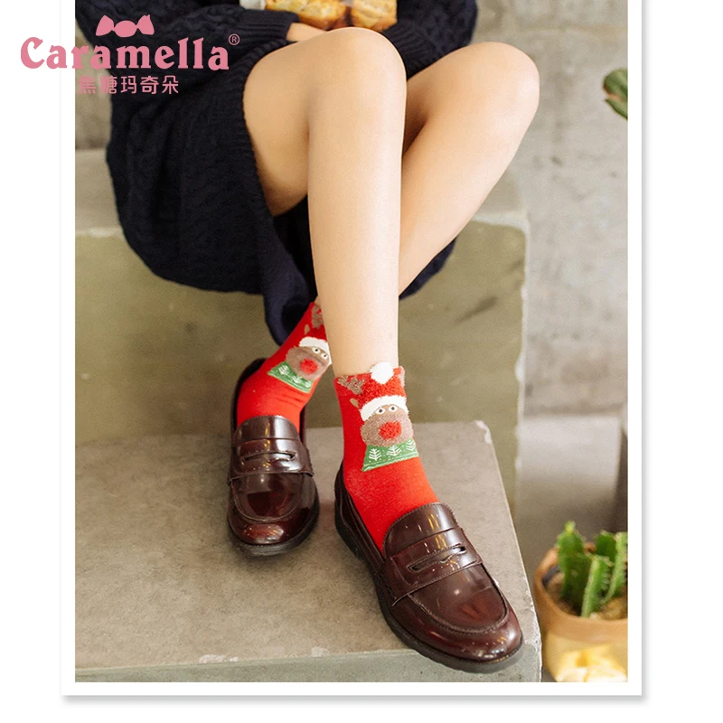 Caramella/женские носки хлопковые настоящие красные с Санта Клаусом милые забавные