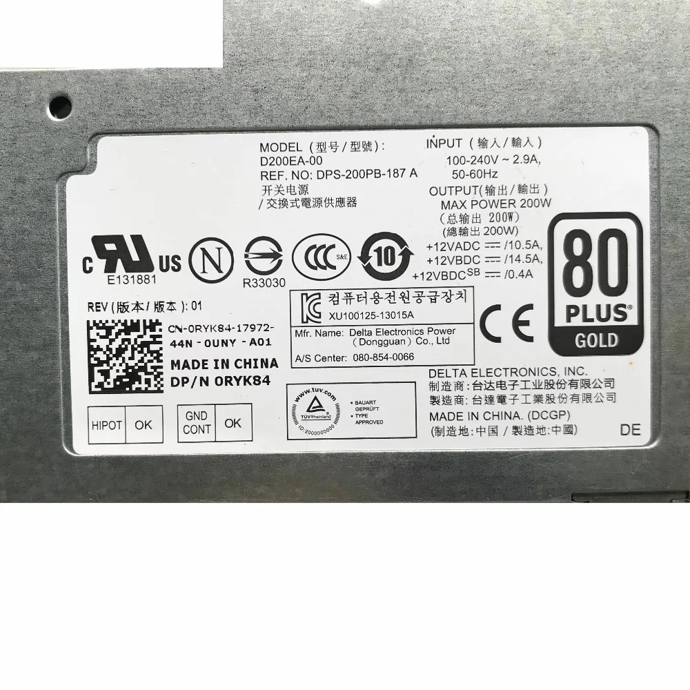 Оригинал для DELL 9010 AIO 9020 2330 источник питания сервера 200 Вт 0RYK84 RYK84 DPS 200PB 187 D200EA 00 100%
