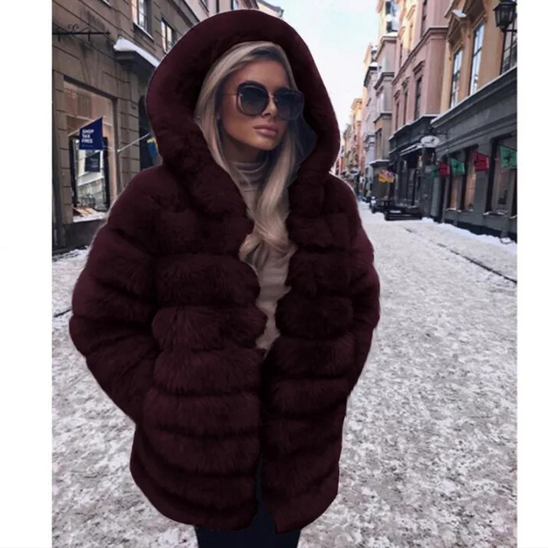 Осенняя и зимняя теплая куртка из искусственного меха для женщин, длинное однотонное меховое пальто с капюшоном, женское плюшевое пальто, повседневная верхняя одежда