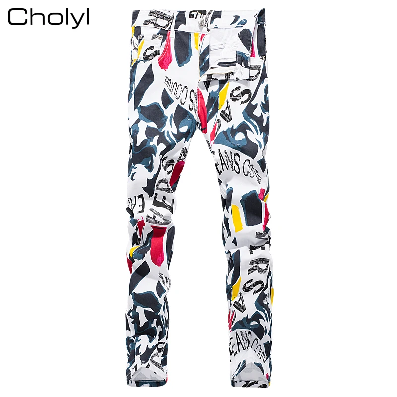 

2019 CHOLYL New hip hop Men's printed jeans men slim straight stretch jeans high quality designer pants nightclubs singers