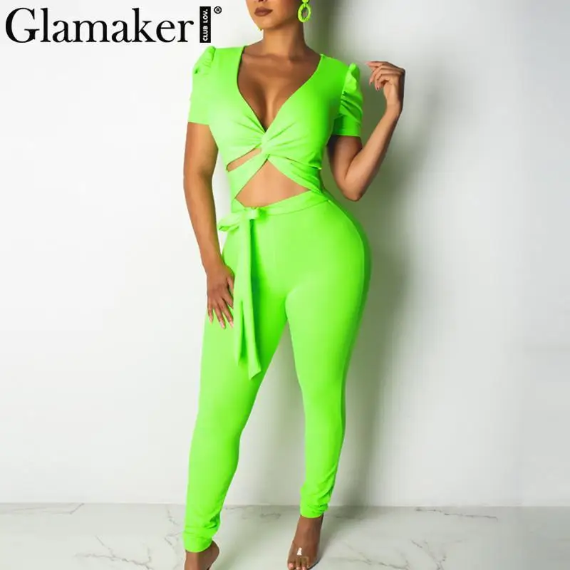 

Glamaker Sexy two piece suit long jumpsuit women Summer elegant v neck romper Female knitted jumpsuit bodycon playsuit overalls
