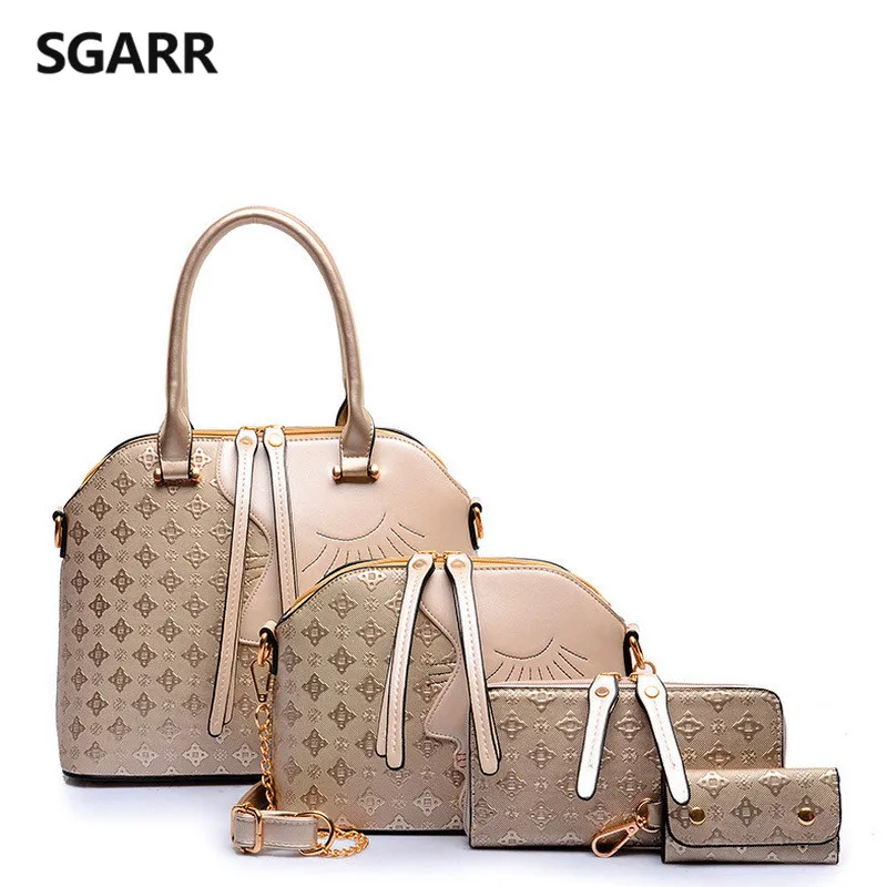 Fashion Gold Women Handbag Characters Zipper Female 4 Purse Set Shell Geometric Brown Europe United States Ladies Big Tote Bags