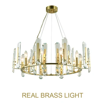 

Foyer living room dinning room crystal golden chandelier light with big glass crystal copper hanging chandelier light LED lamp