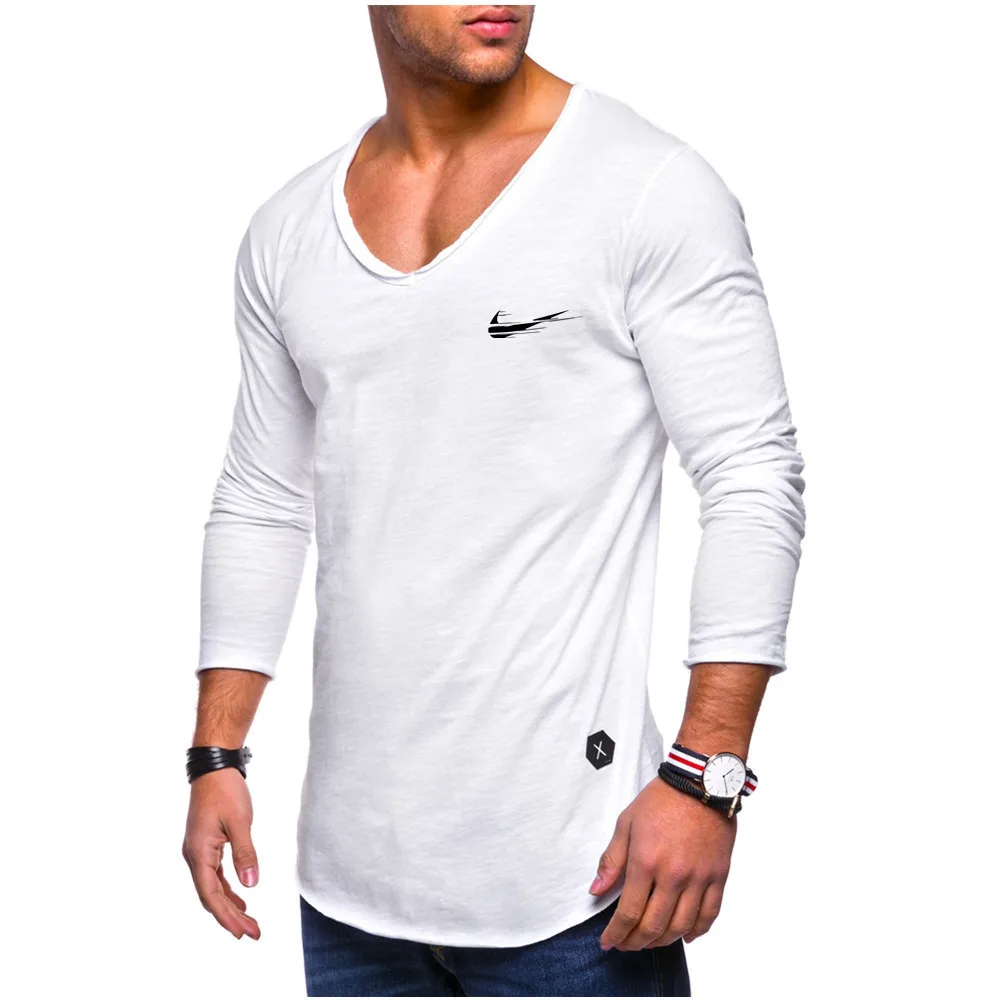 

New V-neck long-sleeved men's brand printing logo T-shirt Slim T-shirt men's tight casual fashion trend T-shirt camisetas hombre