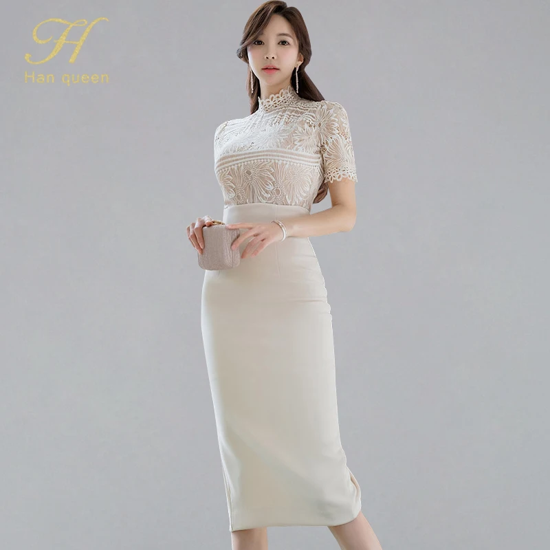 

H Han Queen Short Sleeve Lace Crop Top + High Waist Sheath Pencil Bodycon Skirt Women 2019 Summer 2-piece Suits OL Work Wear Set