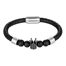 LIVVY Горячая Мода Роскошный Шарм кубик браслет с короной мужские Каменные Бусы из нержавеющей стали Кожа Шарм, мужской браслет Ювелирные изделия Подарки