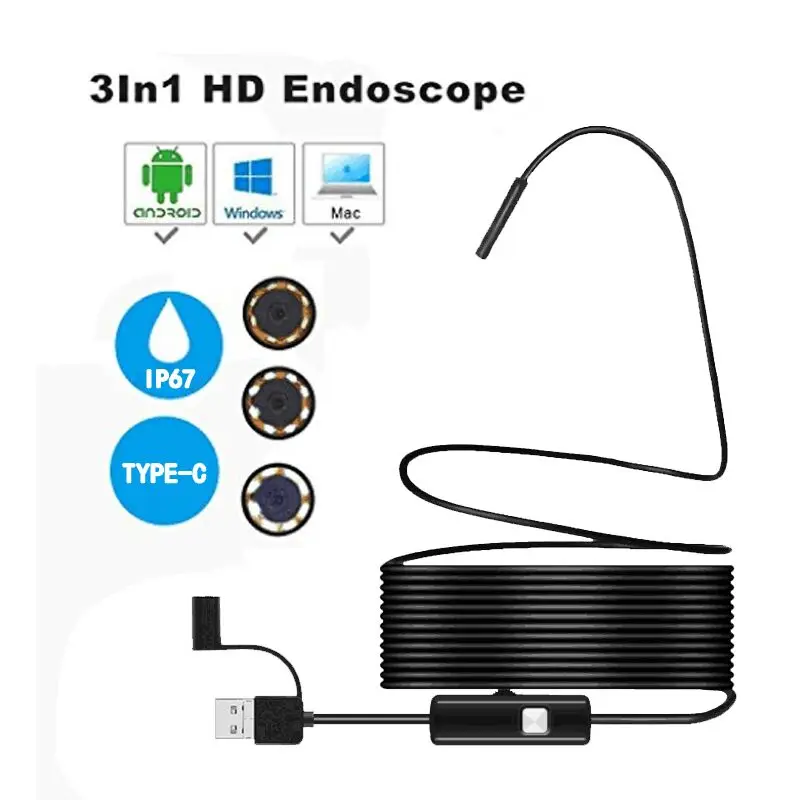 

3 in 1 Semi-rigid Borescope Inspection Camera 8mm 2.0MP CMOS HD Waterproof Snake Camera with 6 Adjustable Led for Android PC