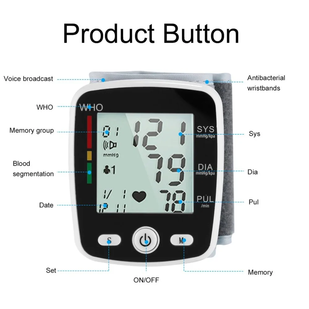 Цифровой ЖК-монитор для измерения кровяного давления на запястье, пульсометр, измеритель частоты сердечных сокращений, устройство для измерения напряжения, определение мощности, низкое энергопотребление