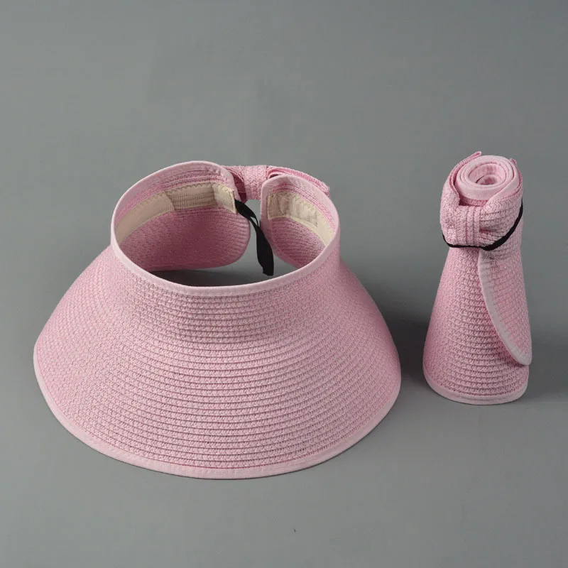 От 3 до 5 лет, детская складная летняя УФ-соломенная шляпа с бантом для девочек и мальчиков, повседневные пляжные шапки с козырьком, шапки в цветочек для взрослых, 12 цветов - Цвет: Розовый