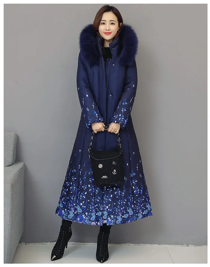 Big Fur Collar Blue Down Jacket Winter Fashion Stitching Print Hooded Coat Temperament Slim Thicken Warm Cotton Outerwears f1325