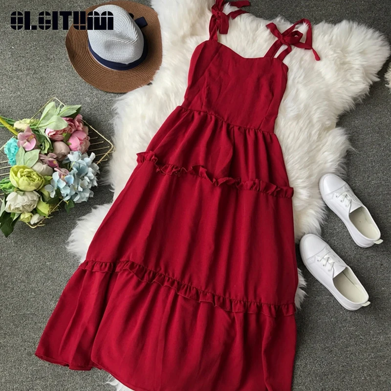 

Women Chiffon Dress Summer 2019 Retro Solid Tied Bow Dress V-neck High Waist Large Swing Cake Dresses Vestidos Female