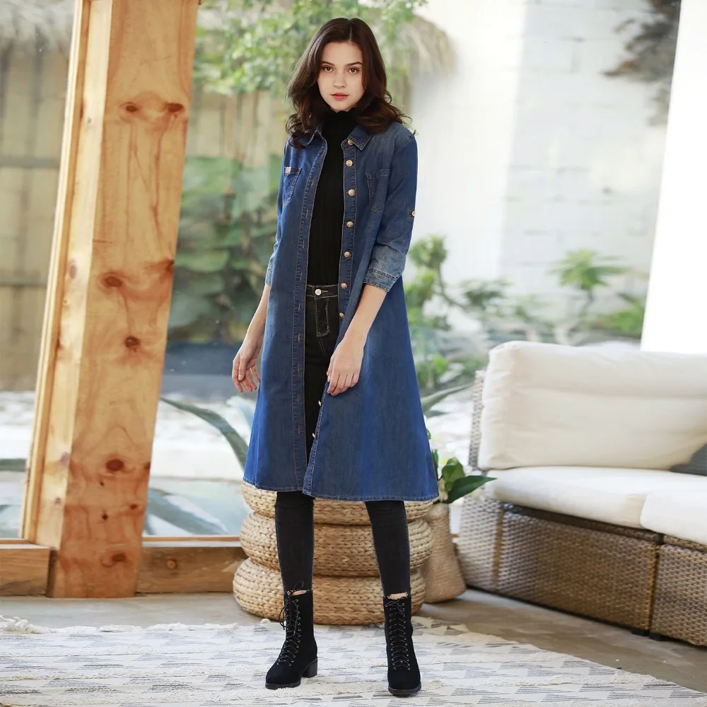 

New 2018 Fashion High Waist Denim Long Coat Women Elegant Slim Jacket Thin Chaqueta Mujer Spring Coat for Woman