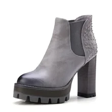 Womens Faux Leather Comfortable Ankle Boots Platform High Heel Booties For Women Fashion Rivets Retro Elastic Band Dress Shoes