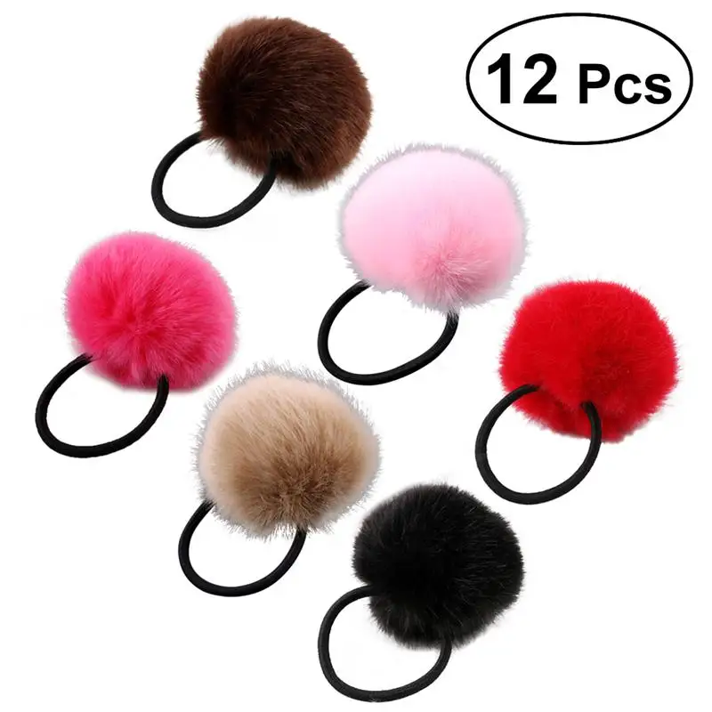 12pcs Hair Tie Decorative Fluffy Solid Fur Ball Colorful Ponytail