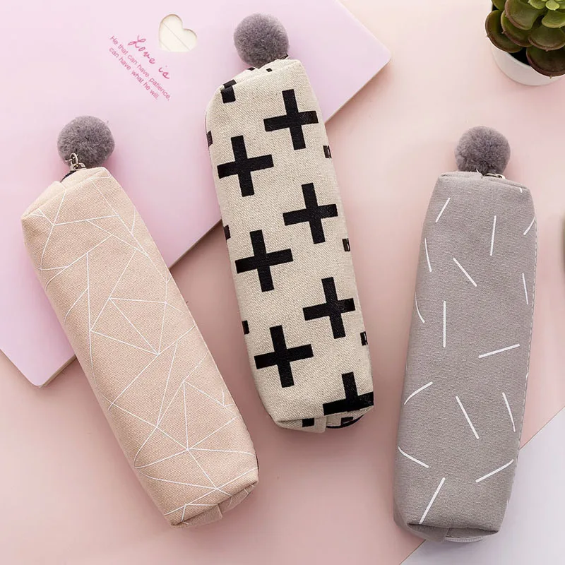 

Creative Plush Ball Canvas Pencil Case Korea small fresh zipper multi-function Pencilcase Pink Student Office stationery bag