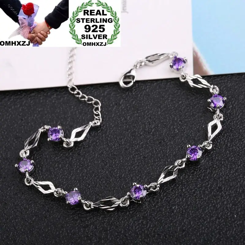 OMHXZJ Wholesale Personality Fashion OL Woman Gift Silver Geometric White Purple Zircon Chain 925 Sterling Bracelet BR48 | Украшения и