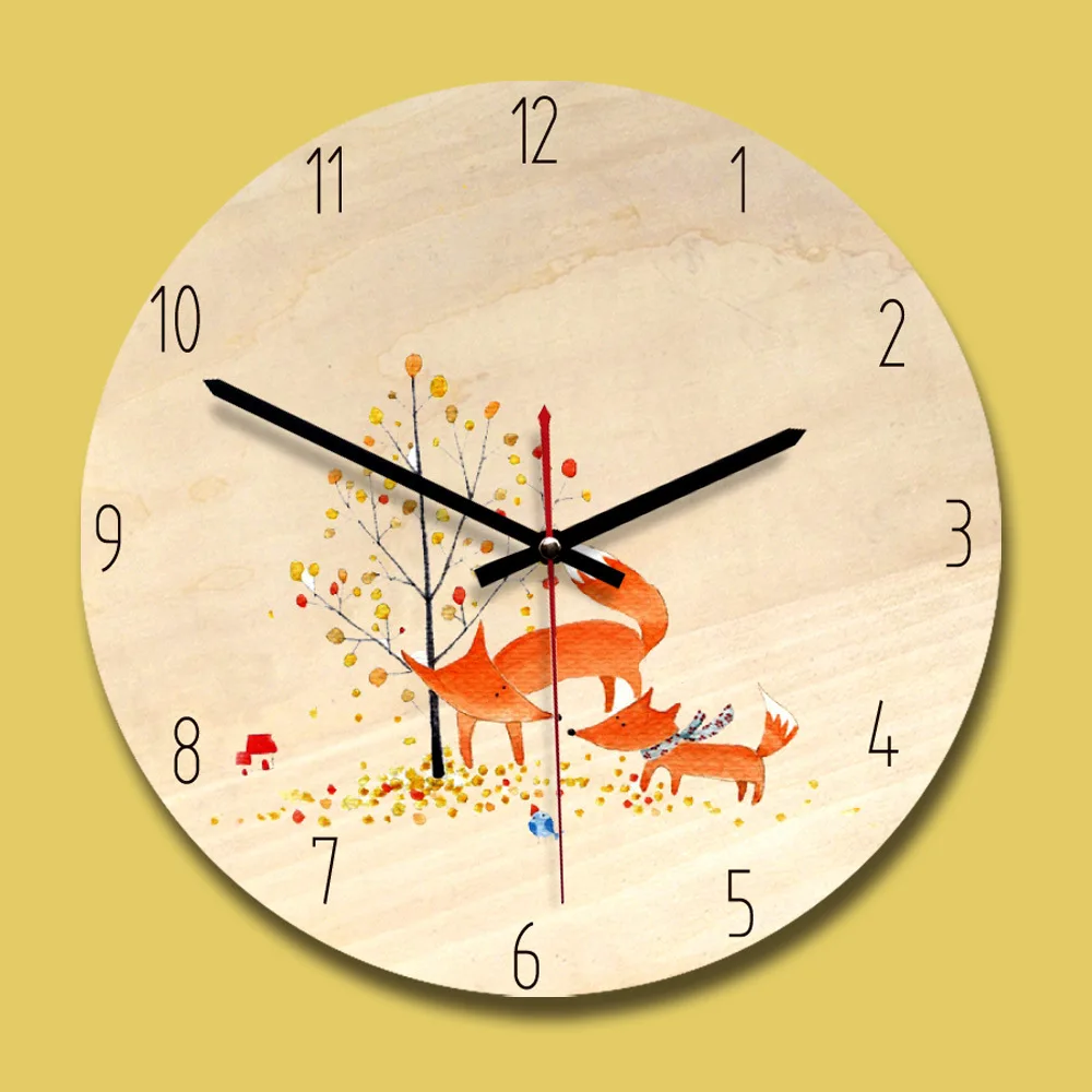 Круглый бесшумный современный вручение часы детей Лиса мультфильм творческий Гостиная Home Decor Тихая деревянные настенные часы - Цвет: as picture