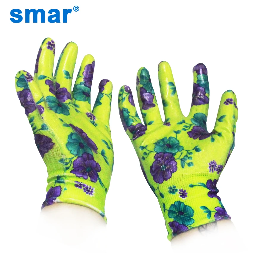 

Smar Nitrile Labor Gloves Women Use Non-Slip Housework Cleaning Breathable Gardening Gloves Ladies Pretty Flower Printed 5 Pairs