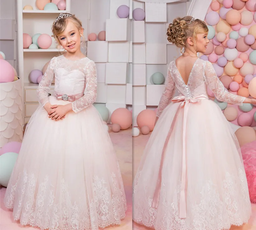 

White Lace Flower Girls Dresses for Wedding Lace Up O Neck Girls First Communion Dress Size2-16Y Ball Gown