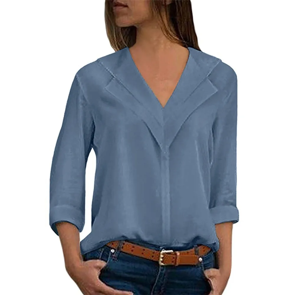 Белая блузка с длинным рукавом, шифоновая блузка с двойным v-образным вырезом, Женские топы и блузки, однотонная офисная рубашка, женская блузка, рубашка, Blusas Camisa - Цвет: Небесно-голубой