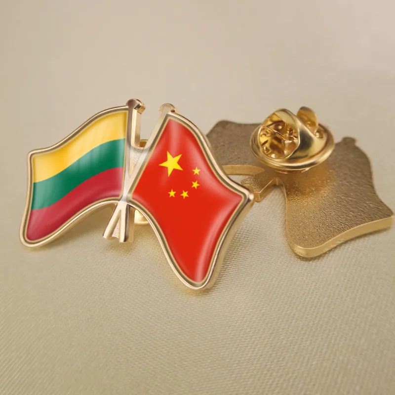 

China and Lithuania Crossed Double Friendship Flags Lapel Pins