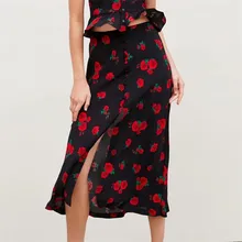 Женская винтажная юбка миди с цветочным принтом, faldas mujer, пуговицы, дизайн, боковая молния, Женская Ретро раскол, до середины икры, черные юбки