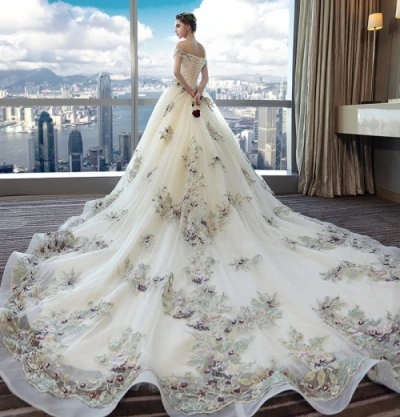 Свадебное платье на заказ, роскошные кружевные платья для свадьбы с цветами, кружевные платья принцессы с открытыми плечами - Цвет: Белый