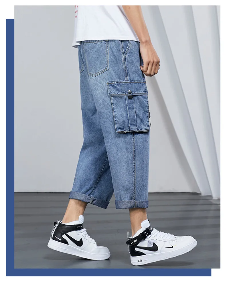 2019 New Loose Men's Cargo Pants Jeans Fashion Male Camouflage Patchwork Big Pockets Denim Trousers Hip Hop Man Multi-Pockets Jeans  (5)
